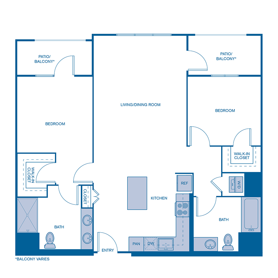 Rendering of the B1 floor plan with 2 bedroom[s] and 2 bathroom[s] at Via Avanti