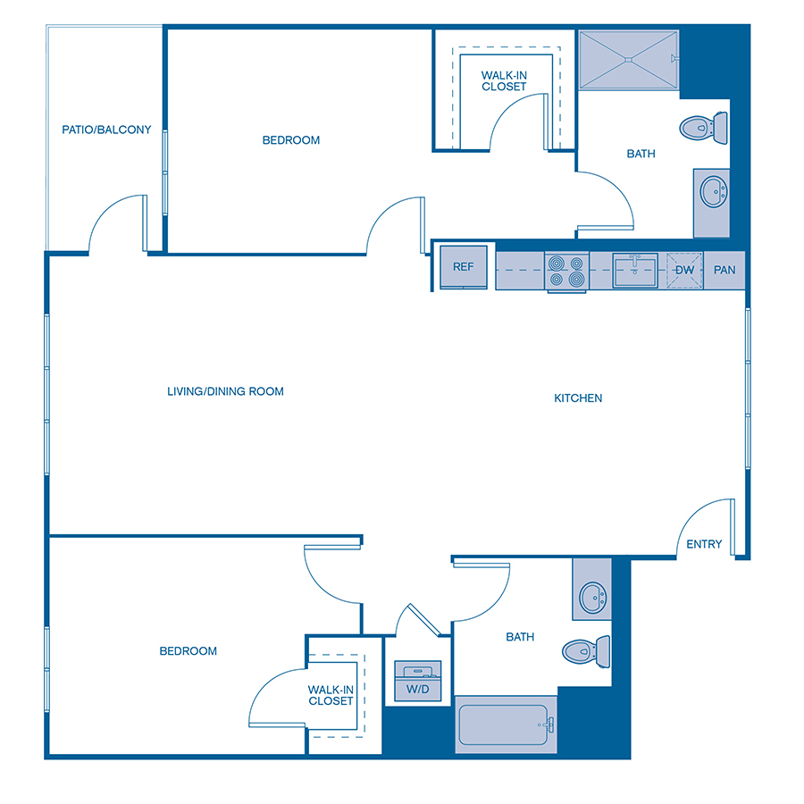 Rendering of the B8 floor plan with 2 bedroom[s] and 2 bathroom[s] at Via Avanti