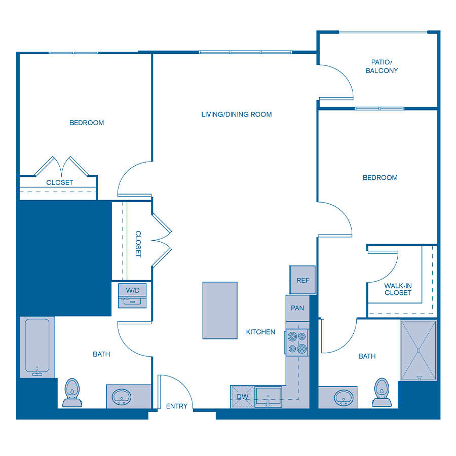 Rendering of the B3 floor plan with 2 bedroom[s] and 2 bathroom[s] at Via Avanti