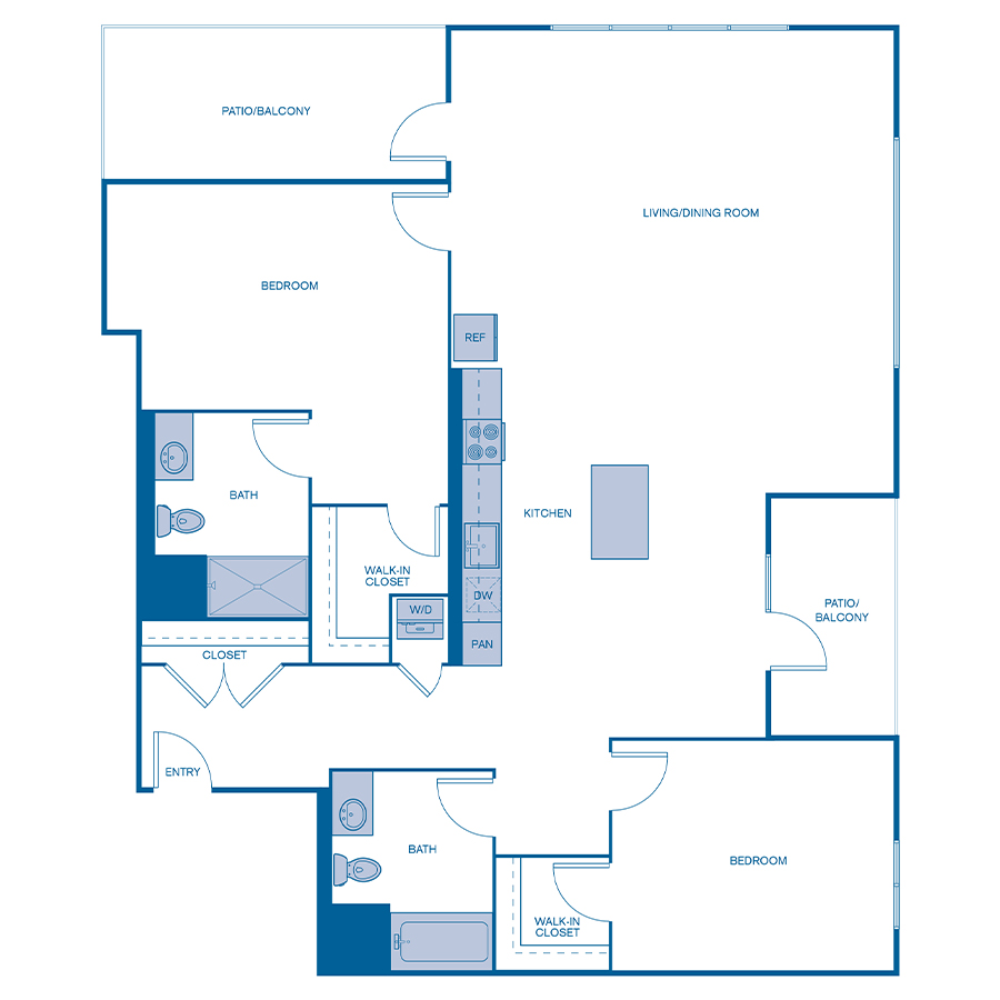Rendering of the B9 floor plan with 2 bedroom[s] and 2 bathroom[s] at Via Avanti