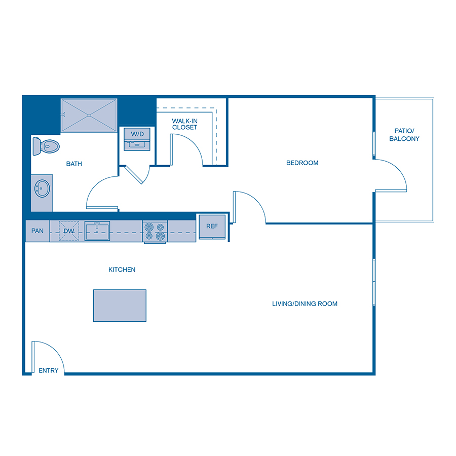 Rendering of the A8 floor plan with 1 bedroom[s] and 1 bathroom[s] at Via Avanti