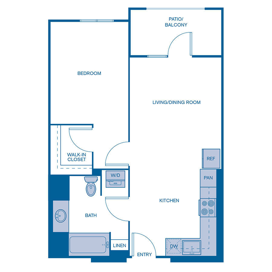 Rendering of the A1 floor plan with 1 bedroom[s] and 1 bathroom[s] at Via Avanti