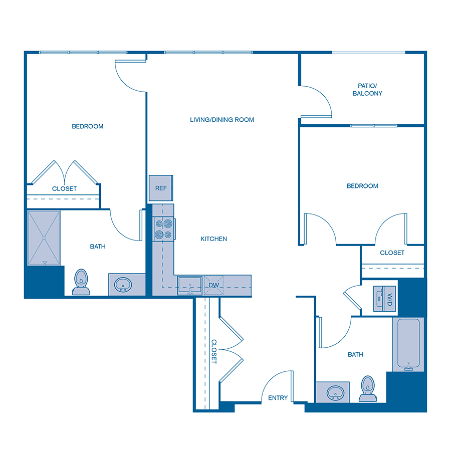 Rendering of the B7 floor plan with 2 bedroom[s] and 2 bathroom[s] at Via Avanti