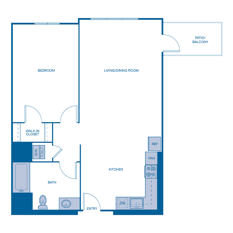 Rendering of the A6 floor plan with 1 bedroom[s] and 1 bathroom[s] at Via Avanti