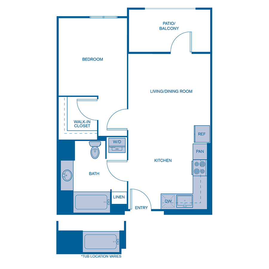 Rendering of the A7 floor plan with 1 bedroom[s] and 1 bathroom[s] at Via Avanti