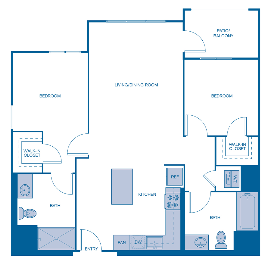Rendering of the B2 floor plan with 2 bedroom[s] and 2 bathroom[s] at Via Avanti