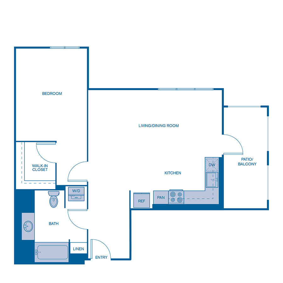 Rendering of the A3 floor plan with 1 bedroom[s] and 1 bathroom[s] at Via Avanti