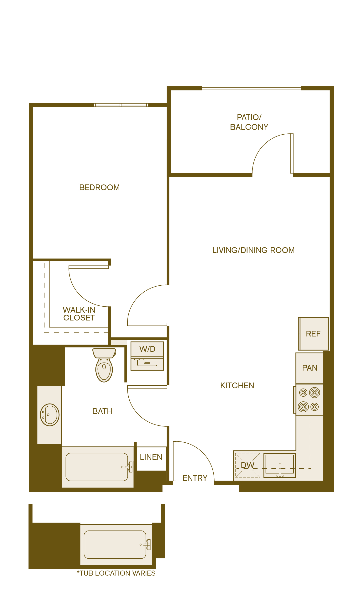 Rendering of the A7 floor plan with 1 bedroom[s] and 1 bathroom[s] at Via Avanti