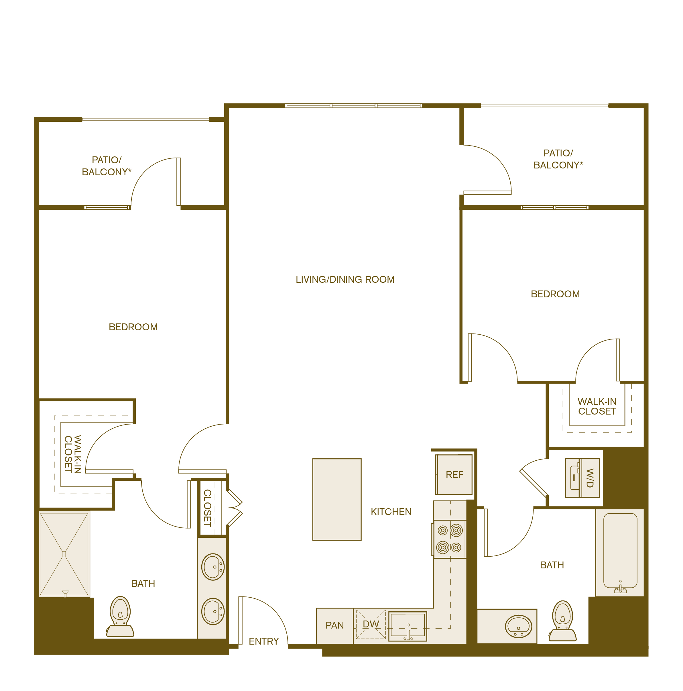Rendering of the B1 floor plan with 2 bedroom[s] and 2 bathroom[s] at Via Avanti