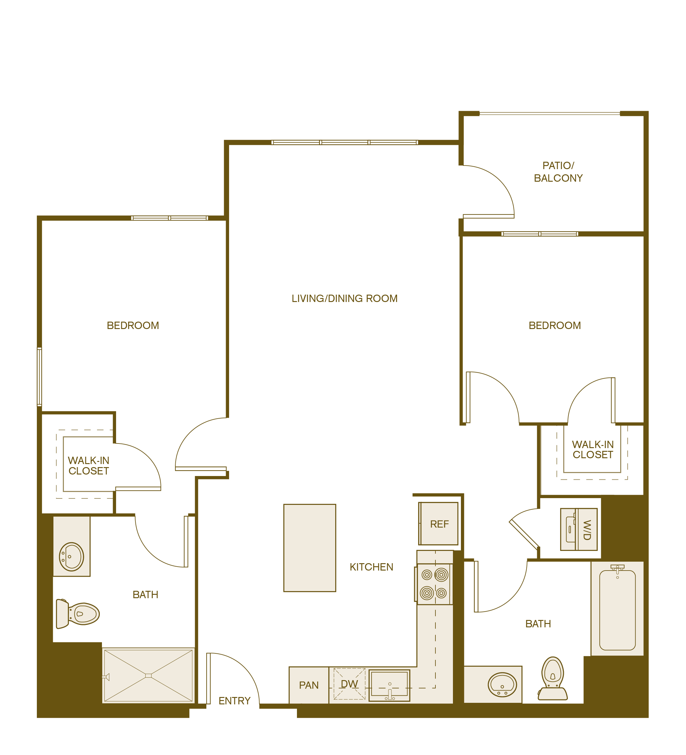 Rendering of the B2 floor plan with 2 bedroom[s] and 2 bathroom[s] at Via Avanti