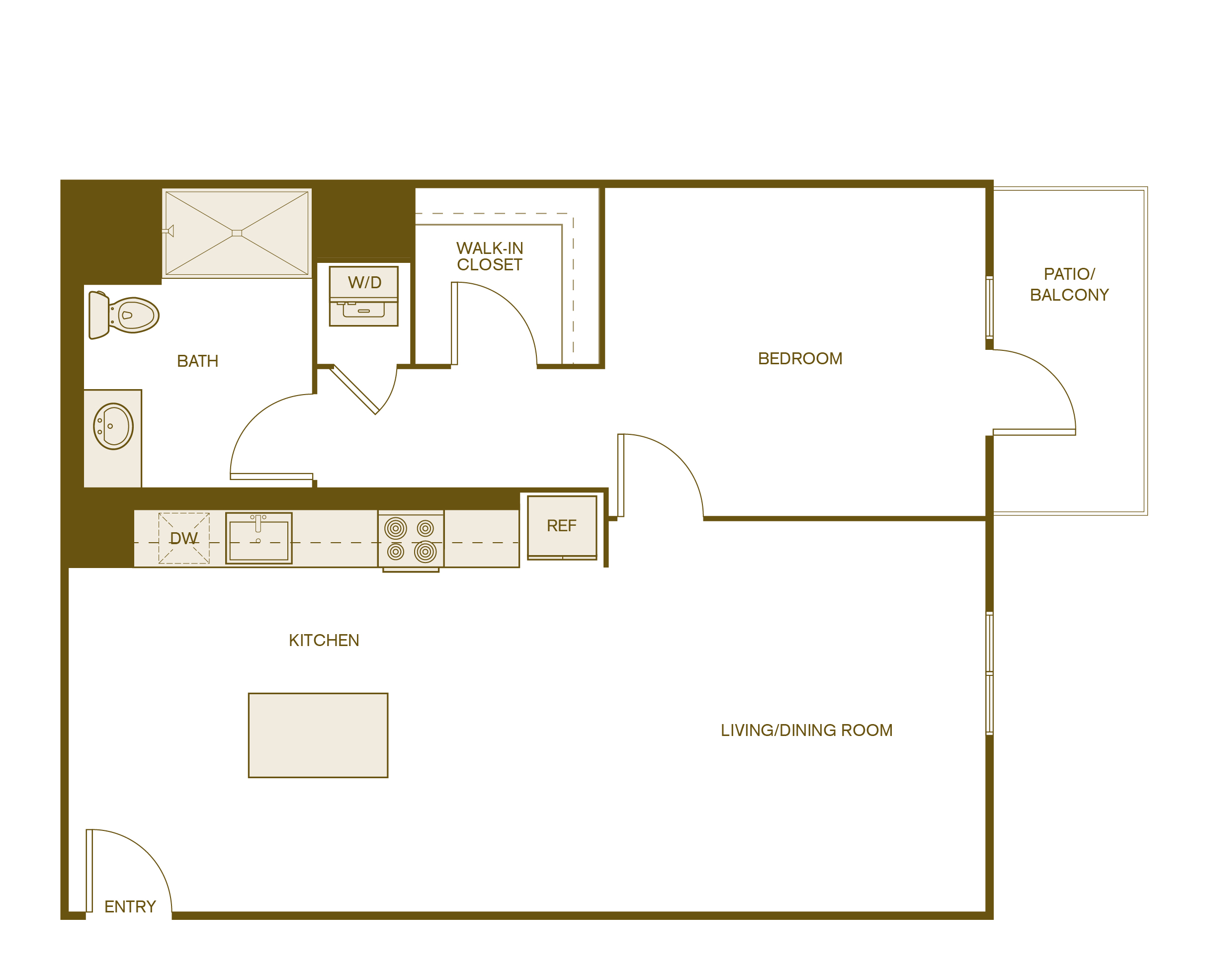 Rendering of the A8 floor plan with 1 bedroom[s] and 1 bathroom[s] at Via Avanti
