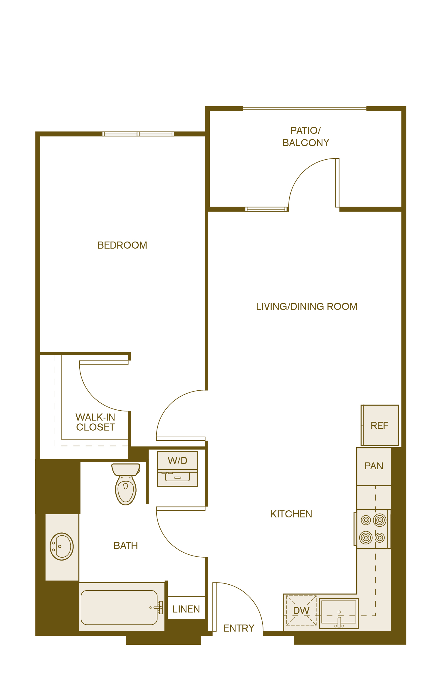 Rendering of the A1 floor plan with 1 bedroom[s] and 1 bathroom[s] at Via Avanti