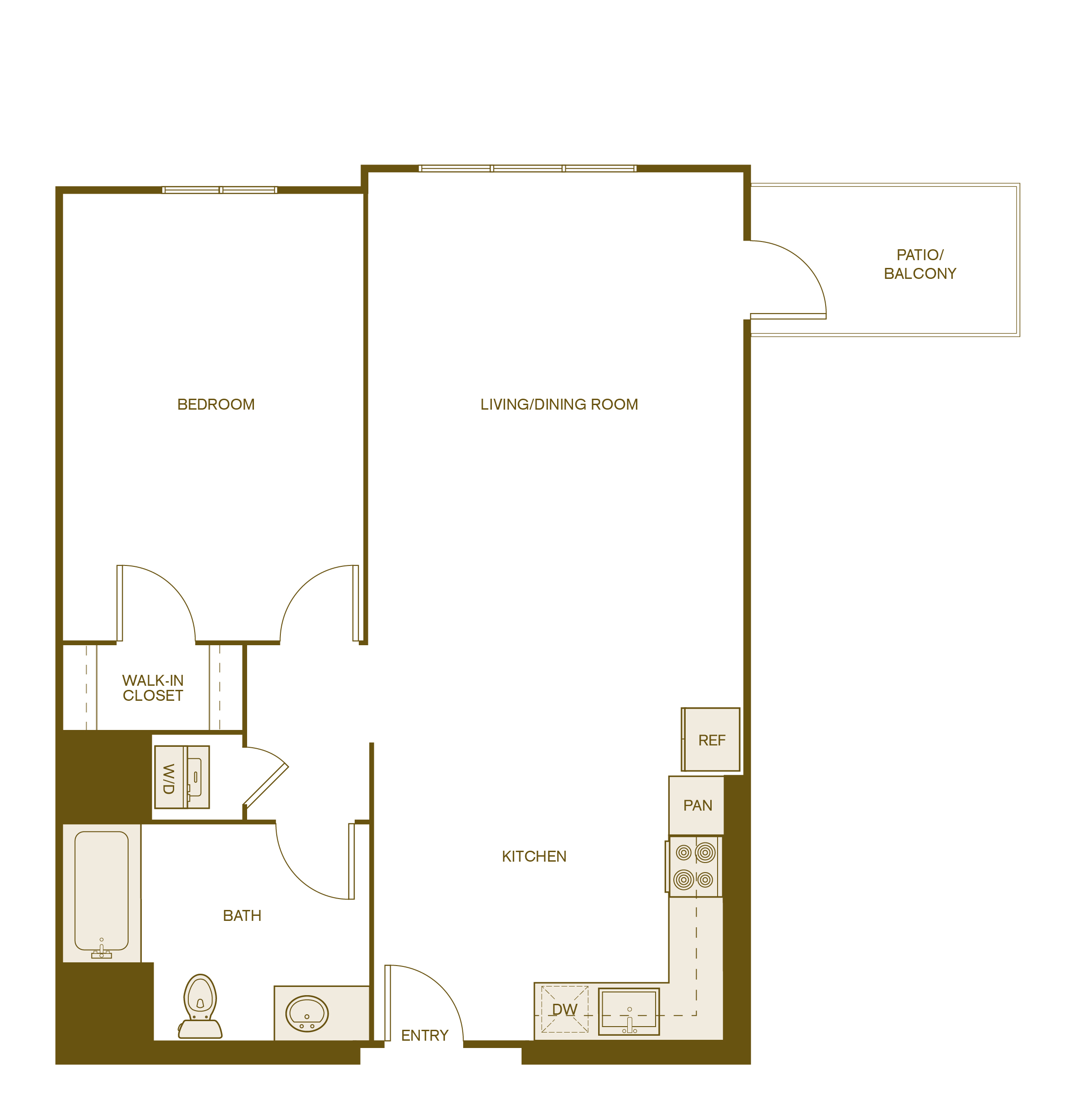 Rendering of the A6 floor plan with 1 bedroom[s] and 1 bathroom[s] at Via Avanti