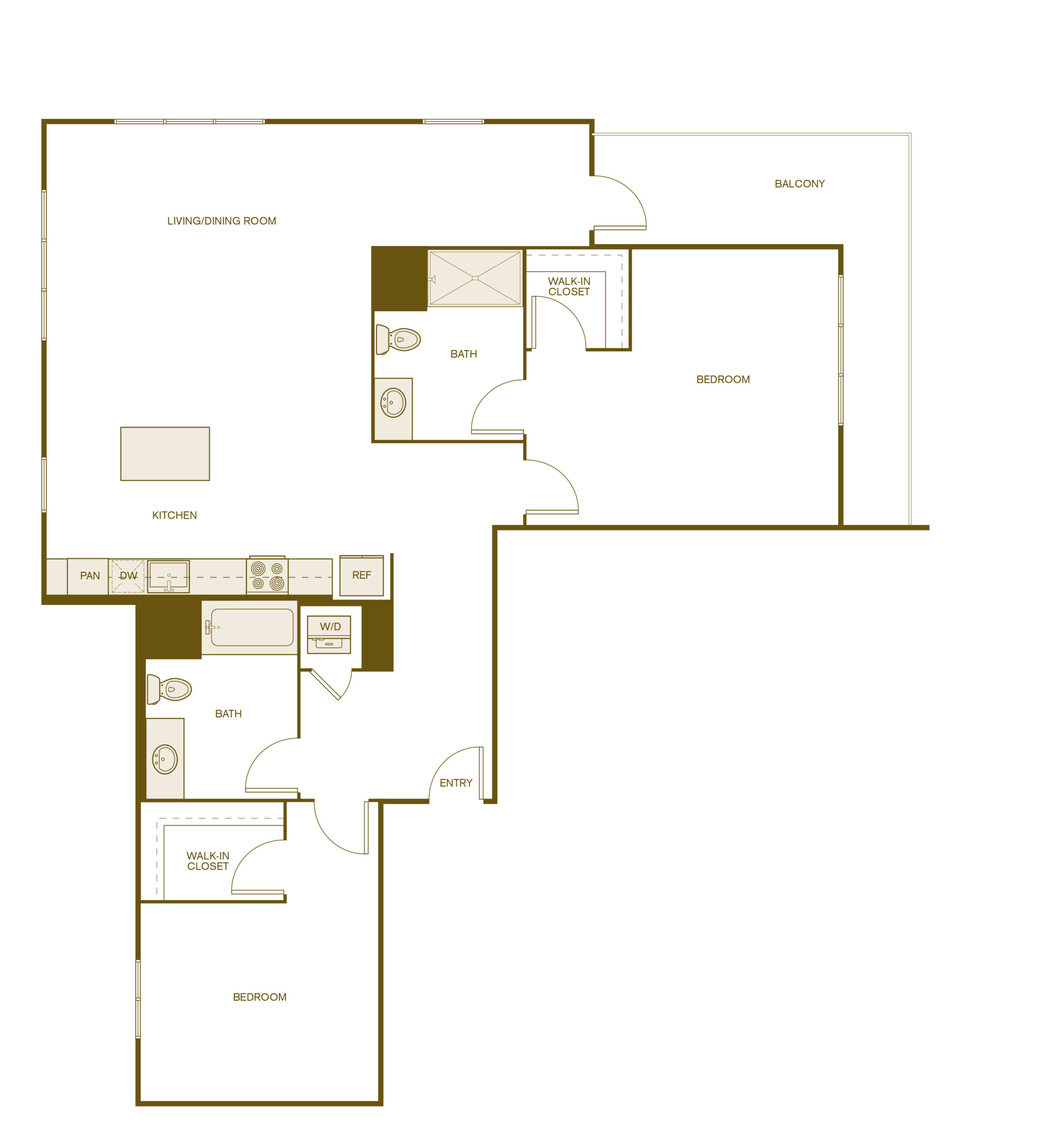 Rendering of the B6 floor plan with 2 bedroom[s] and 2 bathroom[s] at Via Avanti